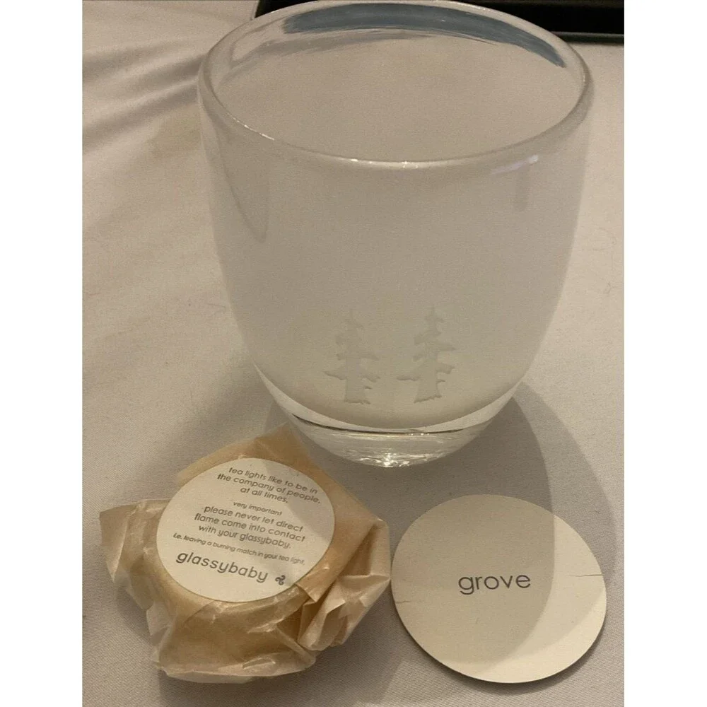 Retired Pre-Triskelion Glassybaby “Grove” Etched Holiday Votive With Name Disc